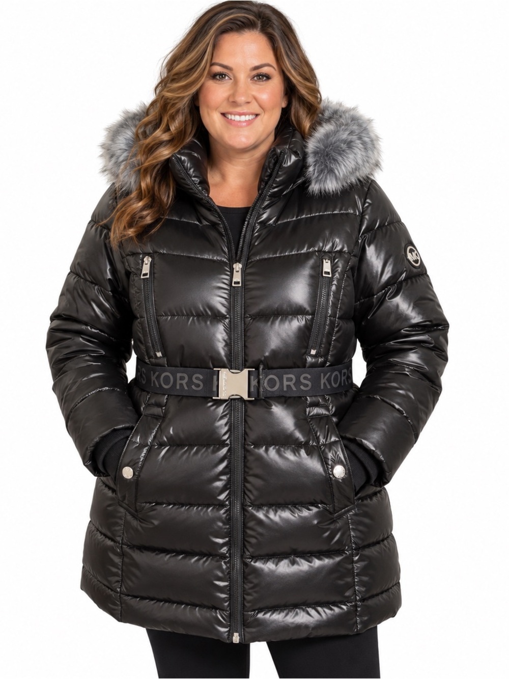 Michael Kors Women’s Belted Puffer Coat Faux Fur Hood Black XXL NWT
